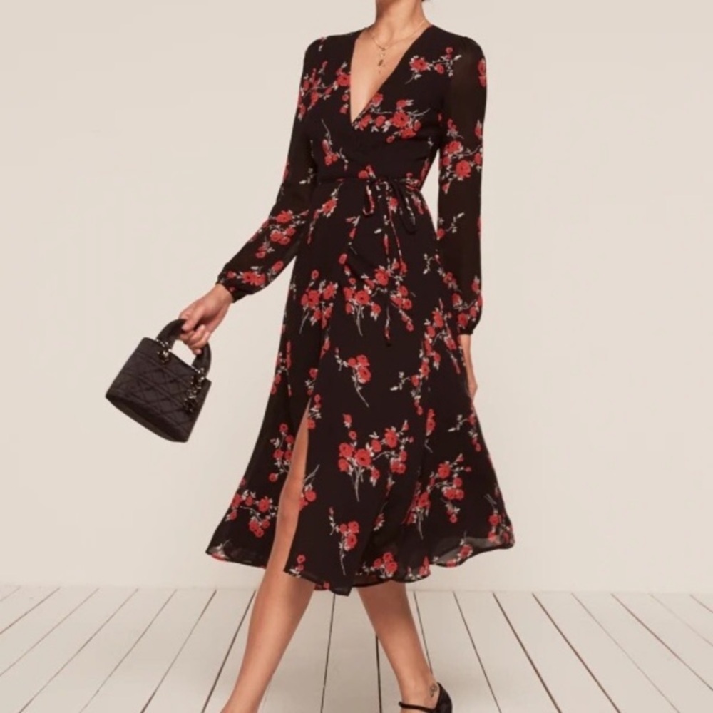Reformation Nicole Floral Black Wrap Midi Dress Size: XS